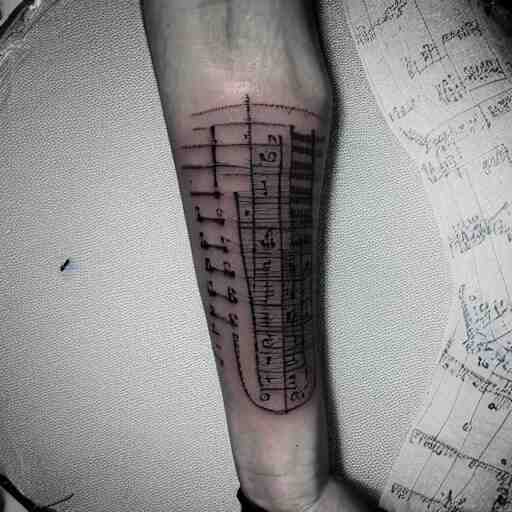 a fineline tattoo on the forearm of a melting electric guitar surrounded by mathematical formulas 