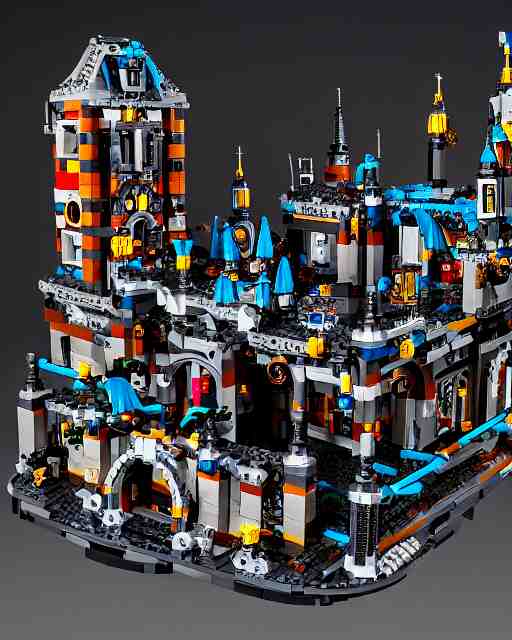 a high quality photograph of an intricate complex lego set of a realistic cyberpunk castle