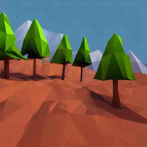 a forest of 3d low poly trees with the mountains in the background, high quality, mobile game