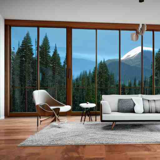 architecture render of a beautiful modern living room with wood floors, large windows with a beautiful view, an area rug, forest, mountains, realistic, hd, 8 k, digital rendering, unreal engine, blender, octane, maya 