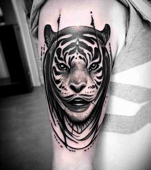 tattoo design of a beautiful girl warrior below a tiger head, hyper realistic, realism tattoo, by eliot kohek, beautiful eyes, realistic face, black and white, white background 