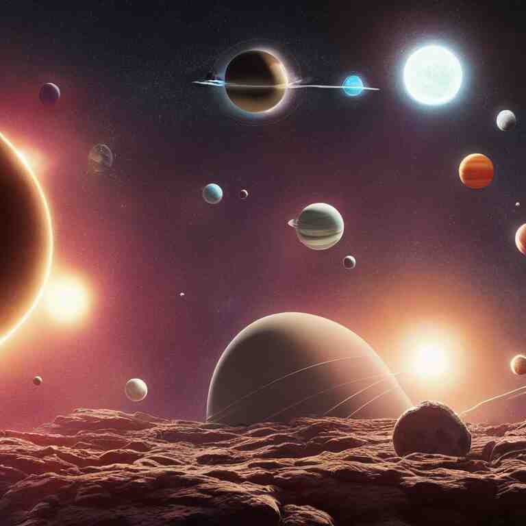 a solar system with planets and asteroids, intricate artwork by Tooth Wu and wlop and beeple, greg rutkowski, very coherent symmetrical artwork, cinematic, hyper realism, high detail, octane render, unreal engine, 8k, Vibrant colors, Smooth gradients, High contrast, depth of field by Jacek Yerka, Mariusz Lewandowski, Houdini algorithmic generative render, Abstract brush strokes, Masterpiece, Edward Hopper and James Gilleard, Zdzislaw Beksinski, Mark Ryden, Wolfgang Lettl, hints of Yayoi Kasuma, octane render, 8k