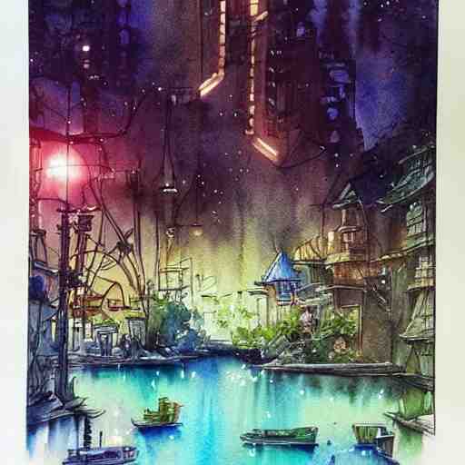 Beautiful happy picturesque charming sci-fi town in harmony with nature. Beautiful light. Water and plants. Nice colour scheme, soft warm colour. Beautiful detailed artistic watercolor by Vincent. (2022)