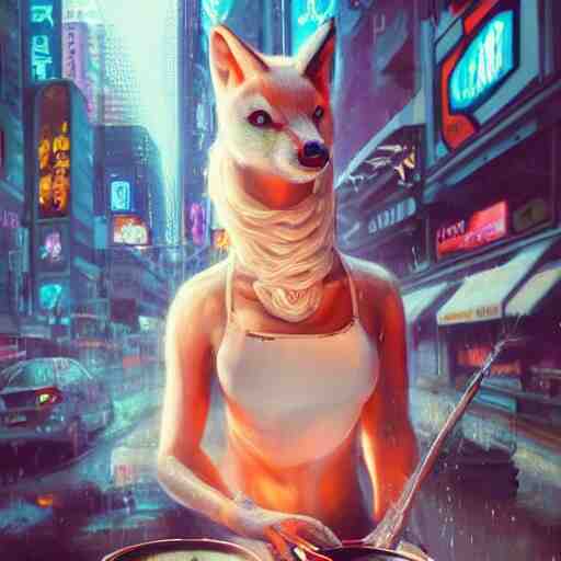 white anthropomorphic female vulpes vulpes fulva, eating ramen from a bowl, in the rain by a noodle kiosk, in crowded and wet street of a city, cyberpunk, harsh neon lights, highly detailed, digital painting, trending on artstation, concept art, sharp focus, illustration, art by artgerm and greg rutkowski and magali villeneuve 