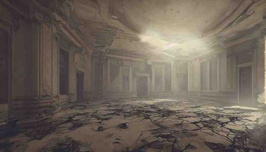 abandoned capitol with cobwebs, dusty dirty floor, collapsed ceiling, flying dust particles, light through, hyperdetailed, artstation, cgsociety, 8 k 