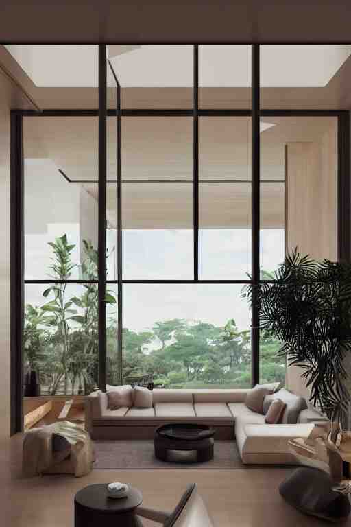 isometric interior of luxury condominium with minimalist furniture and lush house plants | modern architecture by makoto shinkai, ilya kuvshinov, lois van baarle, rossdraws and frank lloyd wright 