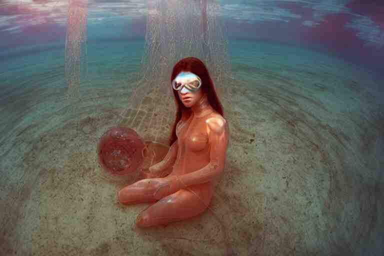 high-angle view of a Ukrainian lush female jellyfish human hybrid wearing vacuum tube amp roman armor and transparent amber neck guard with transparent digital number readout floating in front of face, sitting inside of an underwater airport terminal with a large submarines in the horizon silt rising from the seabed floor, filing cabinets in the sand, ektachrome color photograph, volumetric lighting, off-camera flash, 24mm f8 aperture