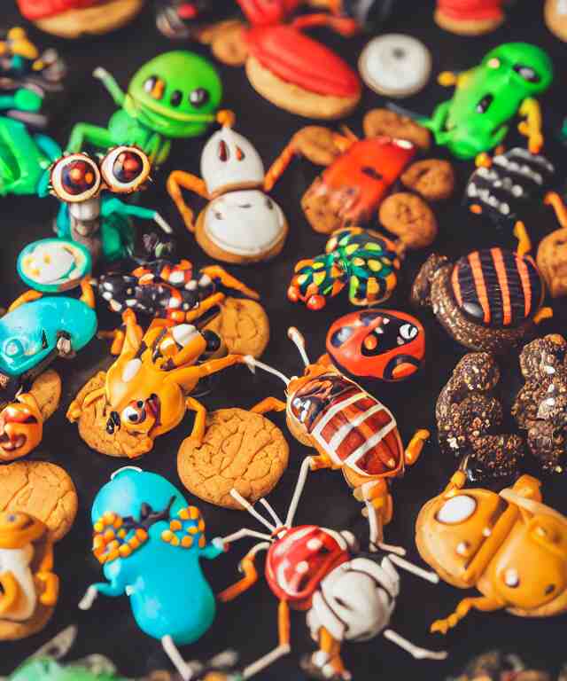 high quality presentation photo of colorful anthropomorphic horror alien monster insects eating cookies, photography 4k f1.8 anamorphic bokeh 4k Canon Nikon