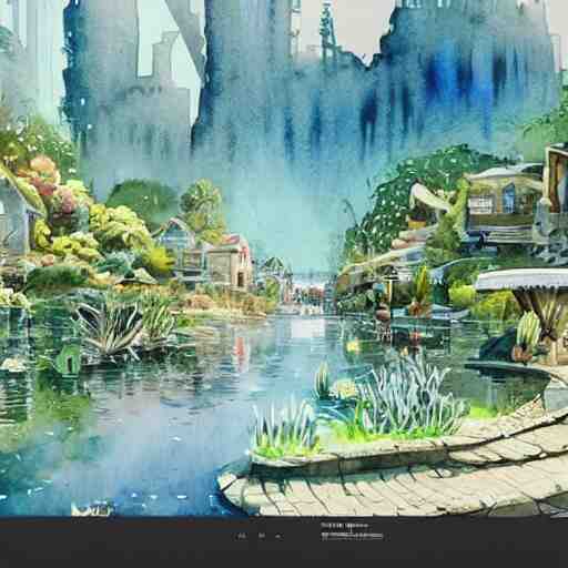 Beautiful happy picturesque charming sci-fi town in harmony with nature. Beautiful light. Water and plants. Nice colour scheme, soft warm colour. Beautiful detailed watercolor by Lurid. (2022)