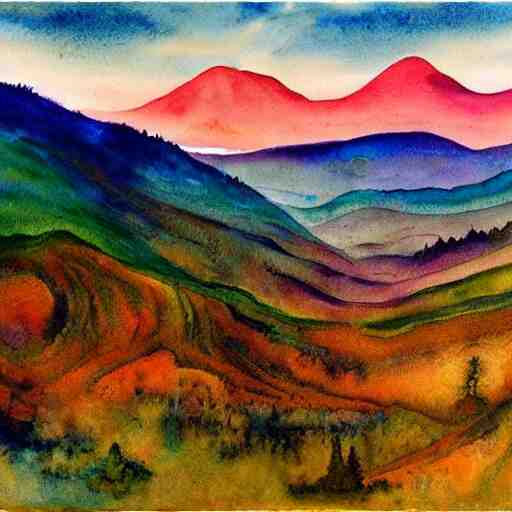 a beautiful watercolor painting of an epic appalachian wilderness at dawn by georgia o'keeffe, wide angle shot, godrays, mystical, deep shadows, epic scale 