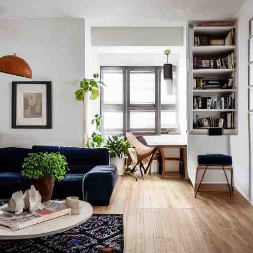 award winning interior design apartment, dusk, cozy and calm, fabrics and textiles, colorful accents, secluded, many light sources, lamps, hardwood floors, book shelf, couch, desk, balcony door, plants, photograph magazine, wide angle