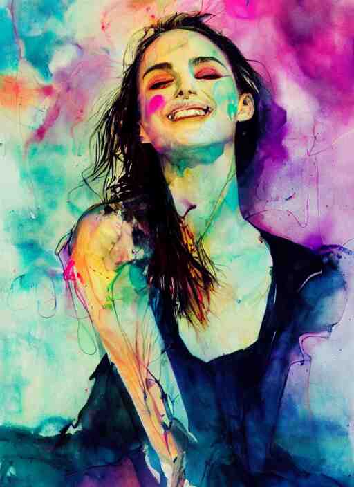 sexy seducing smile nathalie portman yoga pose by agnes cecile, half body portrait, extremely luminous bright design, pastel colours, ink drips, autumn lights 