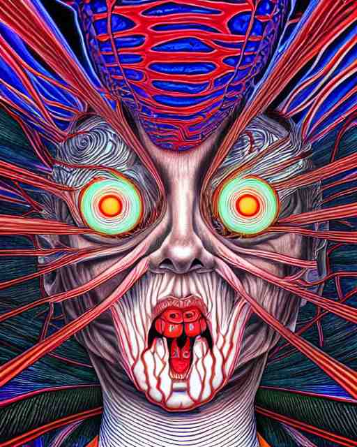 human spirit breaking away from the body, conjuring psychedelic background, part by shintaro kago, part by alex gray, ross tran, james jean, ultra realistic, highly detailed, 8 k, trending on artstation, symmetry 