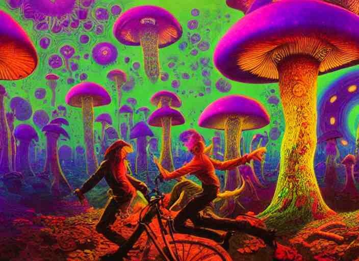 A psychedelic portrait of you are attacked by a group of crooked mushroom theurges , vibrant color scheme, highly detailed, in the style of romanticism, cinematic, artstation, Moebius, Greg rutkowski futurism, no blur, 4k resolution, sharp ages, ultra detailed, style of John Berkey, Norman Rockwell, Hans Thoma, Ivan Shishkin, Tyler Edlin, Thomas Kinkad