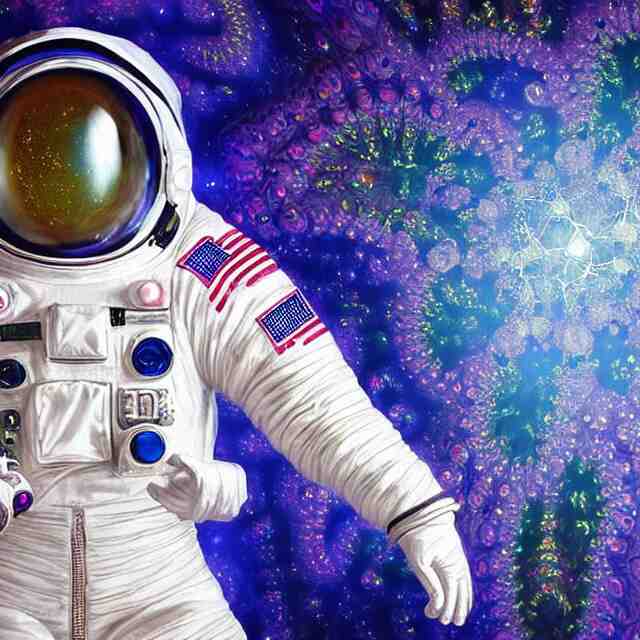 realistic extremely detailed  photo style  painting of a complete  astronaut suit with exposed diamond 3d fractal lace iridescent bubble 3d skin clear brain+ ,holding a sparkle plasma sniper rifle oscilloscope, and in a jumping float pose inside of a futuristic space station
,opal ruby diamond iridescent fractal lace bubble materials,chelate appendages barnacles,
monolithic retro futuristic ,water , by style hybrid mix of beeple+Anton Pieck+Jean Delville+ Amano,Yves Tanguy+ Alphonse Mucha+ Ernst Haeckel+ Edward Robert Hughes+Stanisław Szukalski covered with compound eye camera lenses,ambient occlusion,
rich moody colors,diamond dust glitter and sparkles, granular detail,holographic krypton ion,blue eyes,octane render,4k,
f32,55mm photography,wide angle ,jumping float Pose,full shot,  