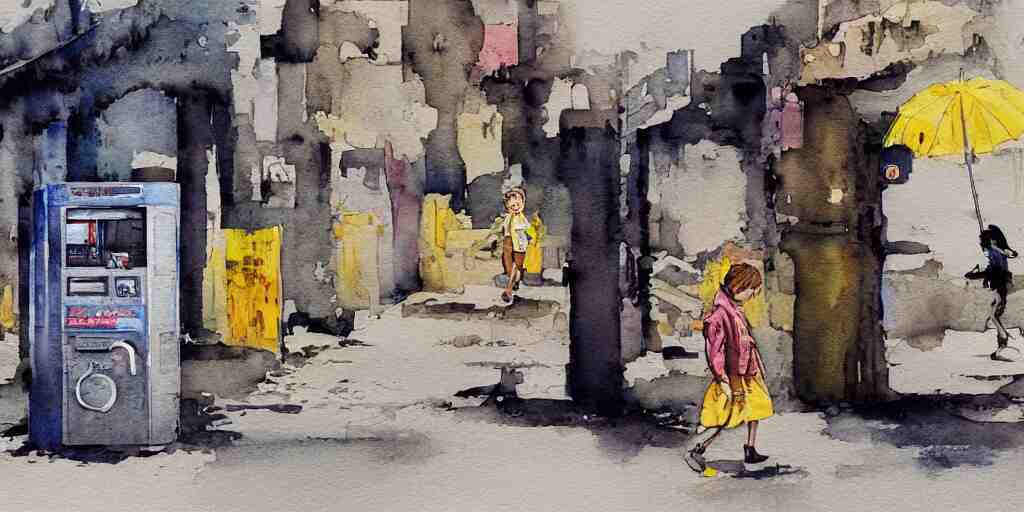 deserted dusty junk town, a girl with a parka and a yellow parasol is running, broken vending machines, scene from the movie Ghost in the shell, watercolor watercolor