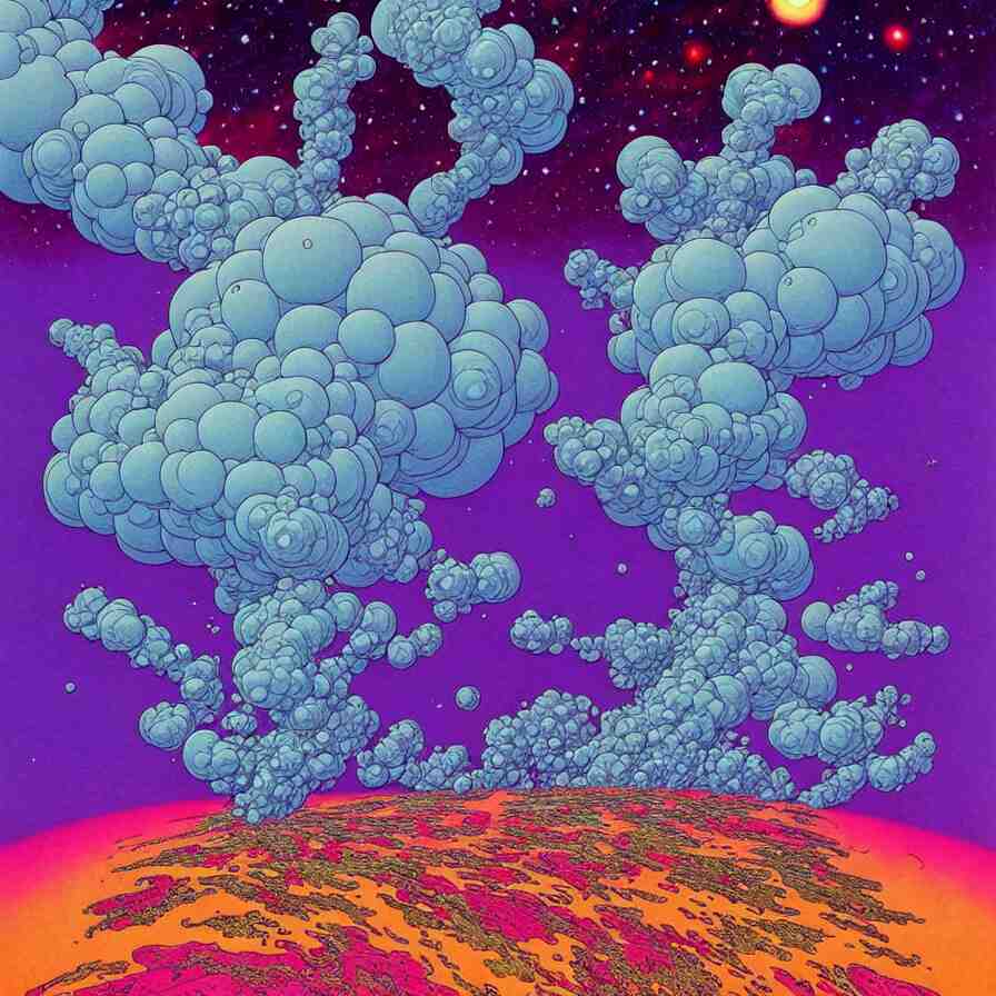 ( ( ( ( beautiful flowers and gas cloud in a strange planet ) ) ) ) by mœbius!!!!!!!!!!!!!!!!!!!!!!!!!!!, overdetailed art, colorful, artistic record jacket design 