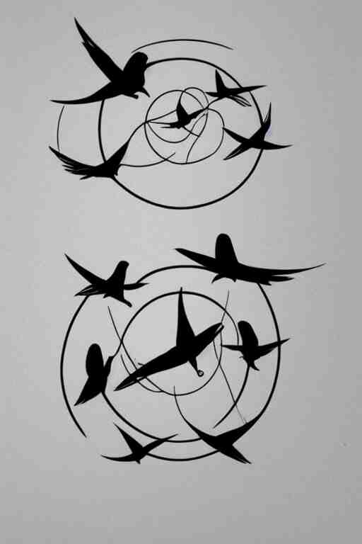 a beautiful tattoo design of minimalist swallows flying into spherical lines and simple basic shapes, black ink, abstract logo, line art 