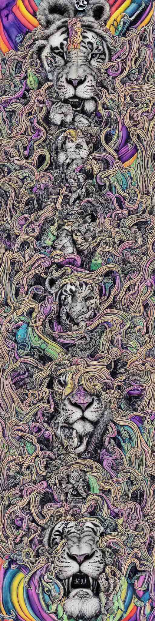 lions and tiger and bears dissolving into melted liquid braids, cubensis, aztec, basil wolverton, r crumb, hr giger, mc escher, dali, muted but vibrant colors, rainbow tubing, 