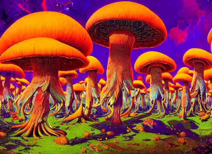 A psychedelic portrait of you are attacked by a group of crooked mushroom theurges , vibrant color scheme, highly detailed, in the style of romanticism, cinematic, artstation, Moebius, Greg rutkowski futurism, no blur, 4k resolution, sharp ages, ultra detailed, style of John Berkey, Norman Rockwell, Hans Thoma, Ivan Shishkin, Tyler Edlin, Thomas Kinkad