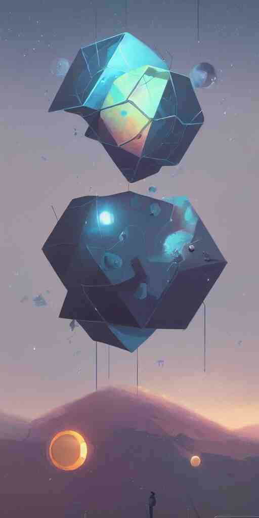 greg rutkowski, beeple, a painting by ralph mcquarrie of floating molecules and icosahedron with stars, clouds, and rainbows in the background, trending on artstation, masterpiece, incredible details 