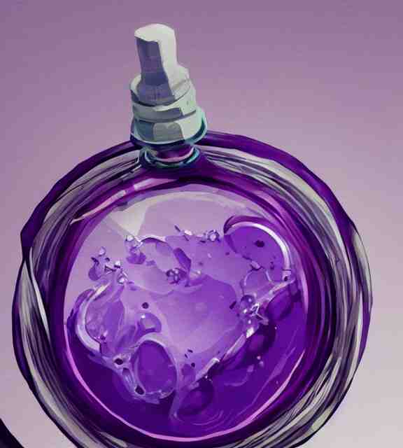 a closeup of a purple potion in a round bottle on a messy desk. by makoto shinkai, stanley artgerm lau, wlop, rossdraws, james jean, andrei riabovitchev, marc simonetti, krenz cushart, sakimichan, d & d trending on artstation, digital art 