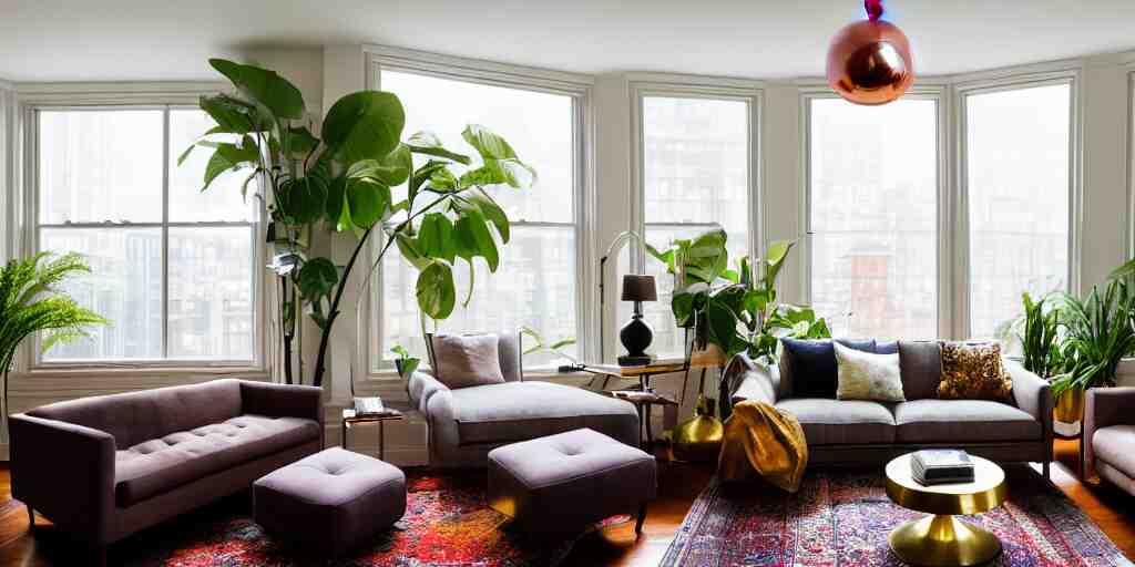 wide angle photograph, atmospheric, realistic lighting, light bloom sunlight, nature outside, reflections, mirror sphere, award winning contemporary interior design by nate berkus living room, city apartment cozy calm, plants, fabrics textiles, colorful accents, brass copper, many light sources, lamps, oiled hardwood floors, no carpet, book shelf small library, couchm desk, mirrors 