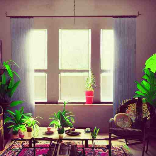 1 9 6 9 living in an older house, hippie pad, hippie chic, antiques, tropical houseplants, beaded curtains, posters on the walls, persian rugs, artstation, octane, 8 k, mildly desaturated. 