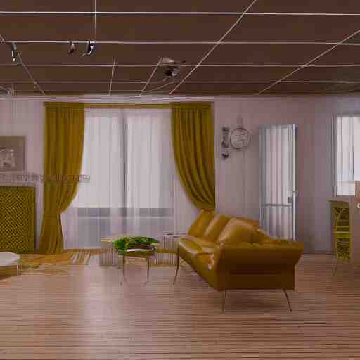 simulated mesh render of a 70s interior with no textures, computer simulation rendered in high detail, 8K UHD