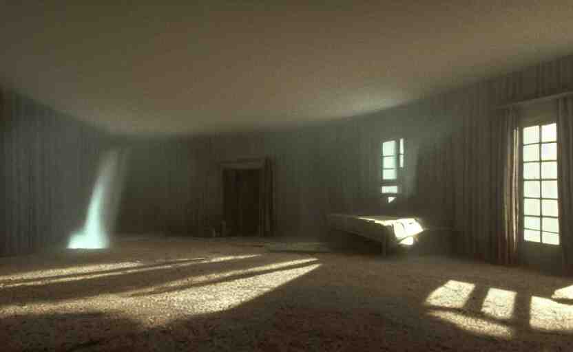 cinematic screenshot of the surreal interior for house built on nothing and something for the nothing underneath, moody scene from being john malcovich directed by charlie kaufman ( 2 0 0 1 ), moody volumetric light morning, anamorphic lenses, kodak color film stock 