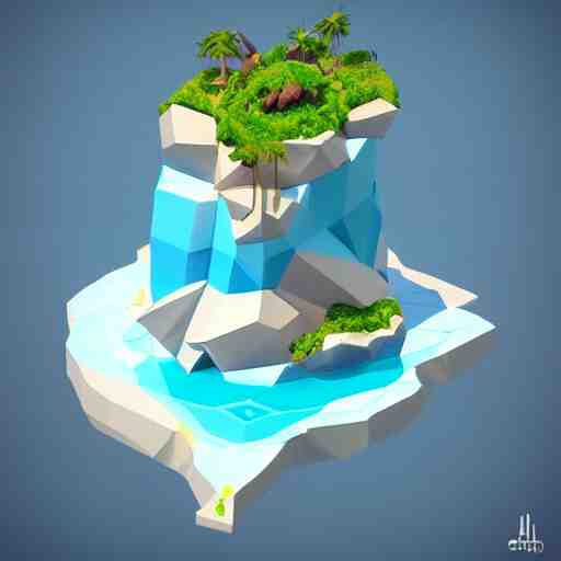 a floating island on an ocean isometric art, low poly art, game art, artstation, 3D render, cgsociety, octane render