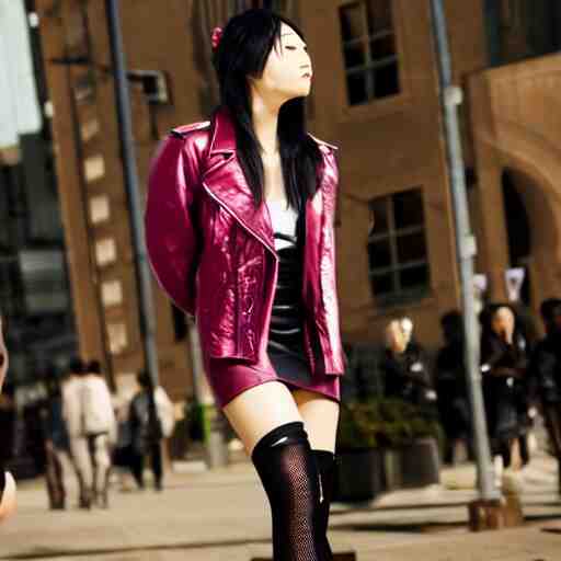 a dynamic, epic cinematic 8K HD movie shot of a japanese beautiful cute young J-Pop idol actress yakuza rock star girl wearing leather jacket, miniskirt, nylon tights, high heels boots, gloves and jewelry. Motion, VFX, Inspirational arthouse