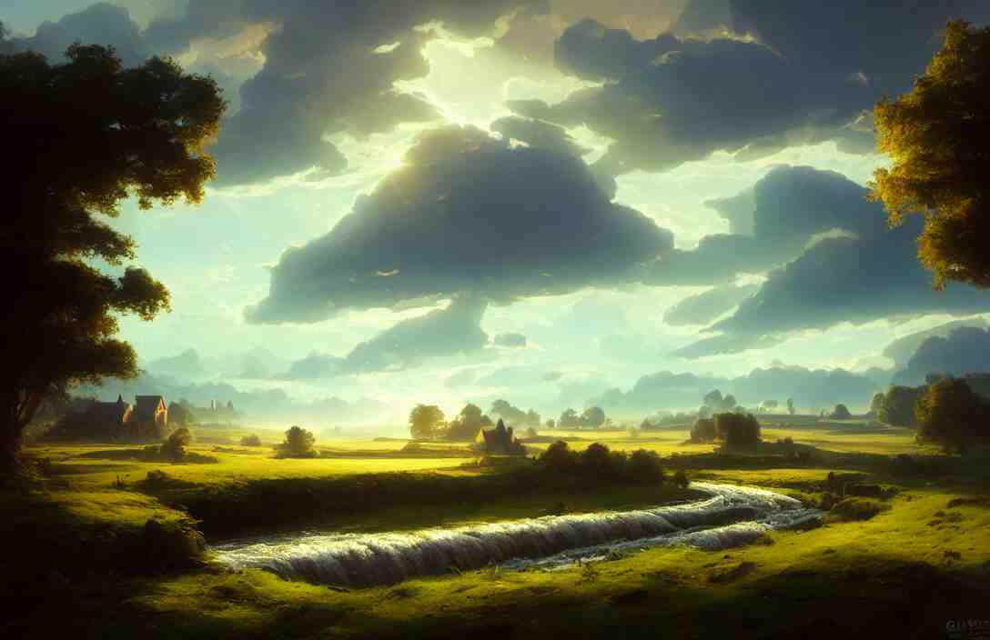 river flowing past a country village, flat fields in the background, blue sky, fantasy, concept art, high angle, highly detailed, warm lighting, volumetric, godrays, vivid, trending on artstation, by jordan grimmer, greg rutkowski 