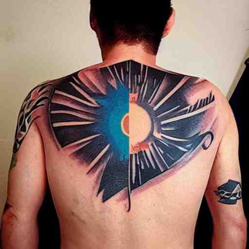 tattoo on a man’s arm of Gojo Saturn from jiujitsu Kaisen laughing with a sun behind him