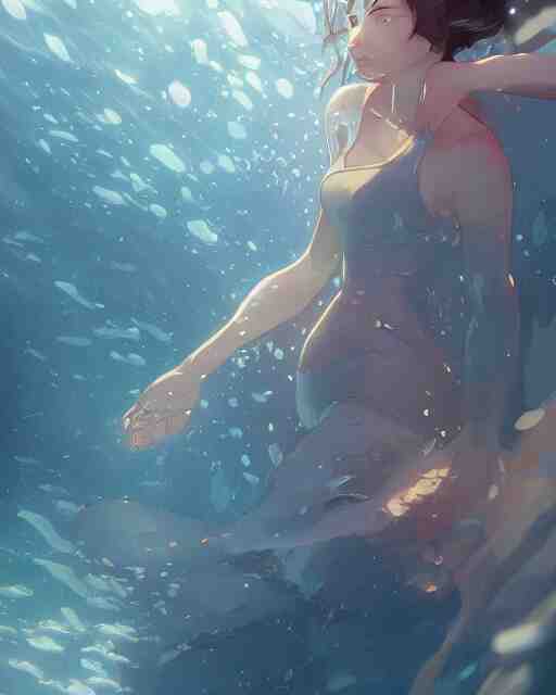 Under Water, Full shot, Atmospheric lighting, By Makoto Shinkai, Stanley Artgerm Lau, WLOP , Rossdraws, James Jean, Andrei Riabovitchev, Marc Simonetti, krenz cushart, Sakimichan, D&D trending on ArtStation, digital art.