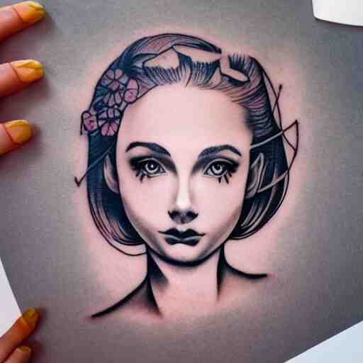 tattoo design, stencil, portrait of a girl by artgerm, symmetrical face, beautiful, daisy flower 