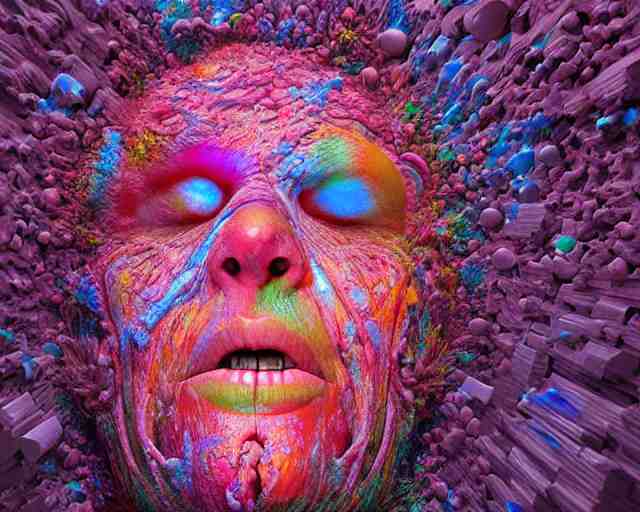 insides of a human head explode outward as a huge mass of coloured powder, hyperrealistic, medical photography, anatomically correct, realistic textures, 8 k, art by lee griggs, 