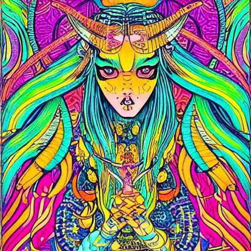 hatsune miki, intricate, amazing line work, cosmic, psychedelic, cheerful, colorful, tarot cards, the devil tarot card