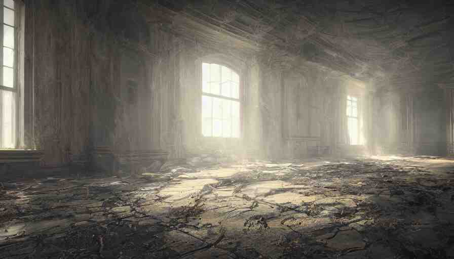 abandoned capitol with cobwebs, dusty dirty floor, collapsed ceiling, flying dust particles, light through, hyperdetailed, artstation, cgsociety, 8 k 