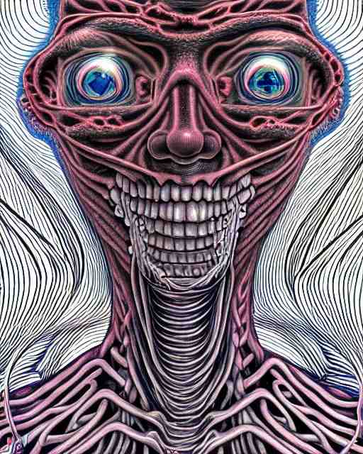 human body breaking away, conjuring psychedelic illustration, part by shintaro kago, part by alex gray, ultra realistic, highly detailed, 8 k, symmetry, fractals, grotesque, vibrant, 