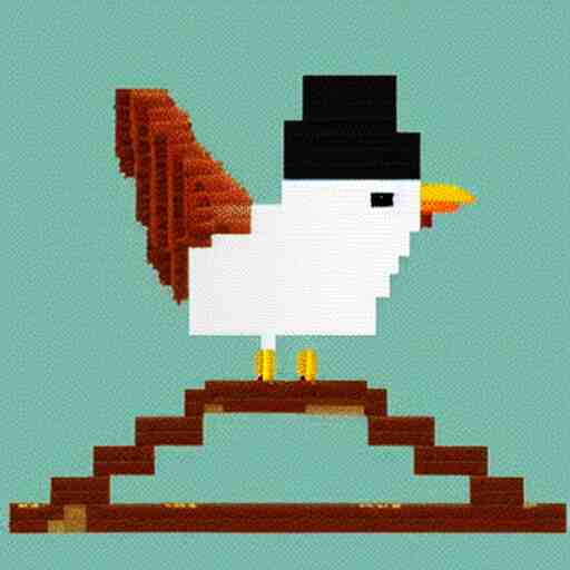 a bird with a hat in pixelart, white background 