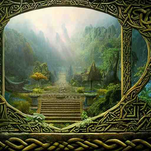 a beautiful and highly detailed matte painting of an elven temple in a magical fantasy garden in a lush forest in the mystical mountains, celtic knots, carved runes, intricate details, epic scale, insanely complex, 8 k, sharp focus, hyperrealism, very realistic, by caspar friedrich, albert bierstadt, james gurney, brian froud, 