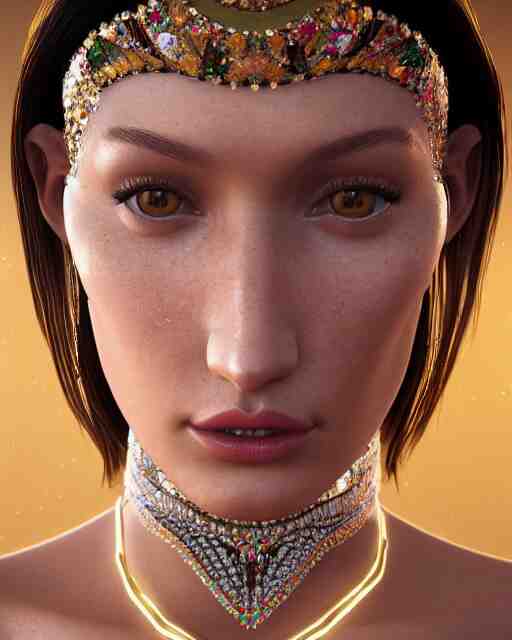 a highly detailed metahuman 8 k close up render of bella hadid in gustav klimt style in diamonds crystals swarovski and jewelry on artstation made in unreal engine 4 