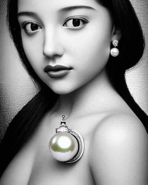 black and white dreamy young beautiful female artificial intelligence, realistic pearl ornament in the face, long hair are intricate with highly detailed realistic pearls, cinematic, rim light, bokeh, photo - realistic, elegant, high detail, 8 k, masterpiece, photo taken in 1 9 3 0 