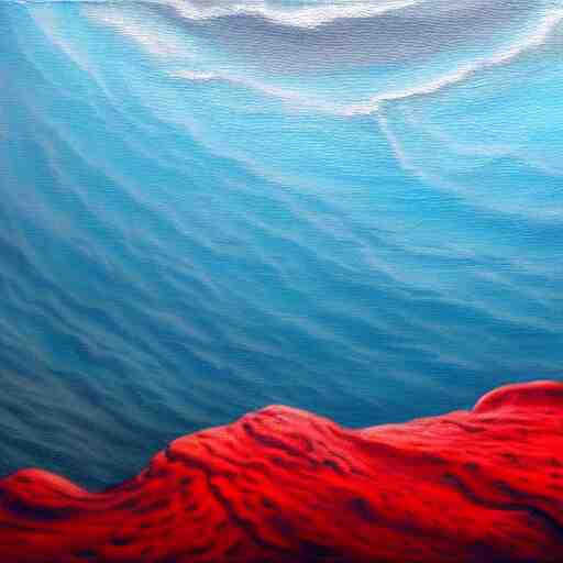 A gorgeous detailed oil painting of a red sea covered in big blue rocks, the further away the mistier it gets, dark aesthetic, atmospheric, moody, highly detailed, masterpiece, award winning, 4k