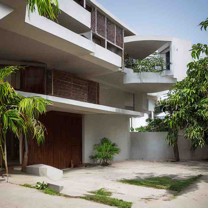 wide angle exterior shot of an modernist town house on a quiet street in lagos, tropical african architecture with sun shading and pergolas, contemporary architecture, cosmopolitan design, architectural magazine feature, architectural photography, canon eos r 3, telephoto lens, sigma 5 0 0 mm f / 5, iso 2 0 0, 1 / 1 6 0 s, 8 k, raw, unedited, in - frame 