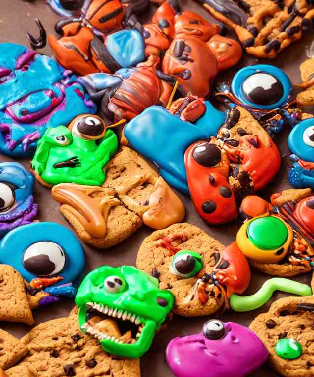 high quality presentation photo of colorful anthropomorphic horror alien monster insects eating cookies, photography 4k f1.8 anamorphic bokeh 4k Canon Nikon