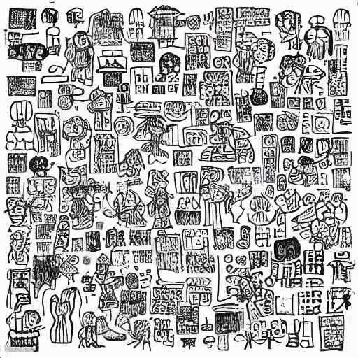 black and white composition of a variety of doodles, drawings, faces, symbols, cartoons, lineart, chinese ink brush 