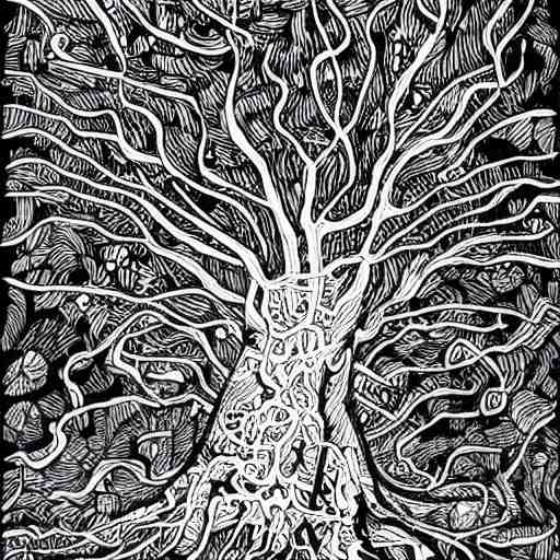 black and white ink doodle illustration of an ancient tree floating in outer space, overgrown with funghi, style by peter deligdisch, peterdraws 