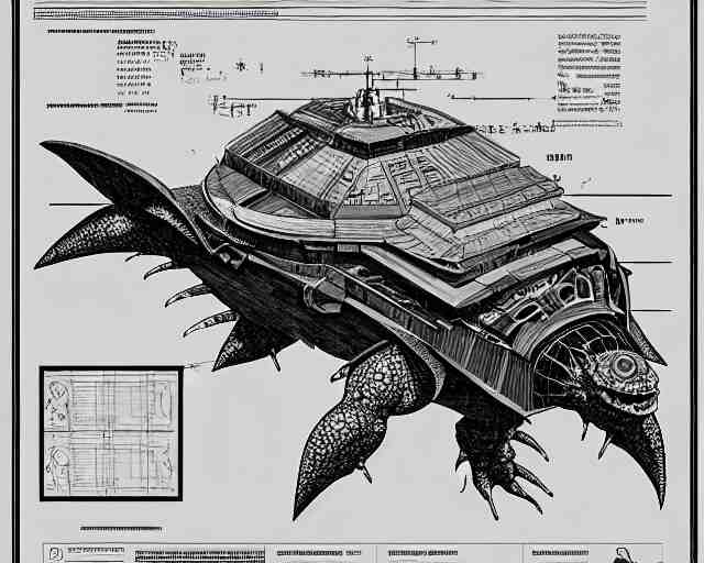 a full page of a mechanical blueprint showing the interior of gamera, with a big head, muted colors, post grunge, studio ghibli, hq, 